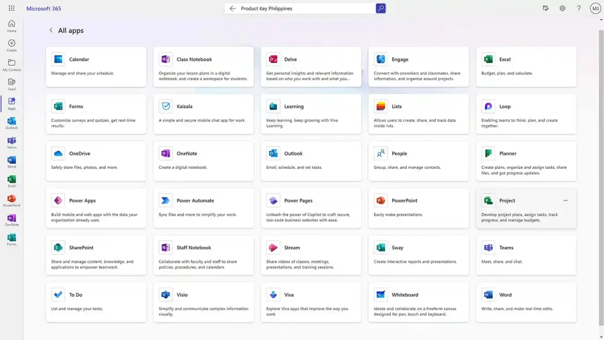 Microsoft 365 License web portal showing all available online apps like Planner, Sway, and Power Apps.