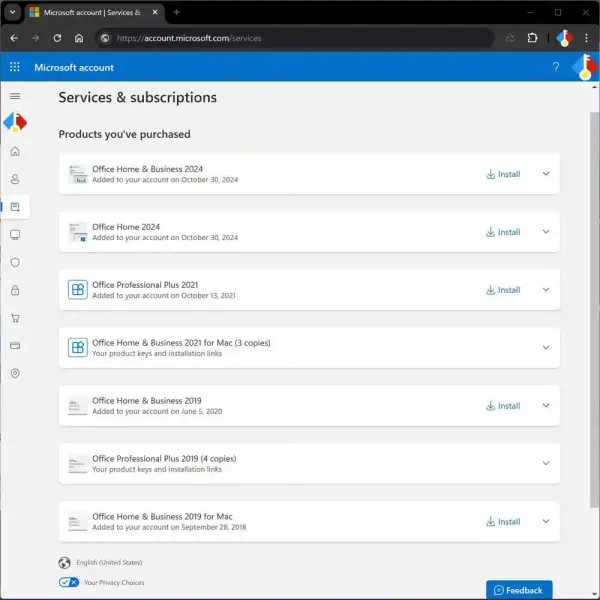 Office Home 2024 license shown in the Microsoft 'Services & subscriptions' account page.