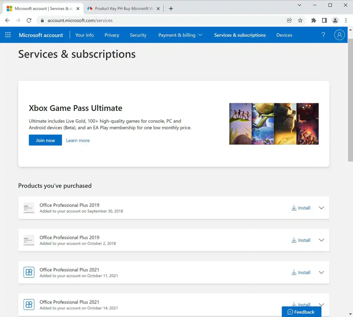 Office Professional Plus 2019 license shown in the Microsoft 'Services & subscriptions' account page.