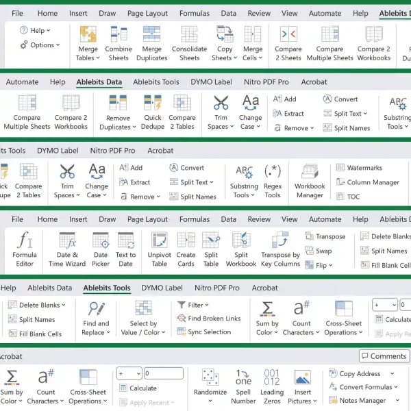 Ultimate Suite for Excel license toolbars, showing features like Merge Tables, Remove Duplicates, and Split Names.