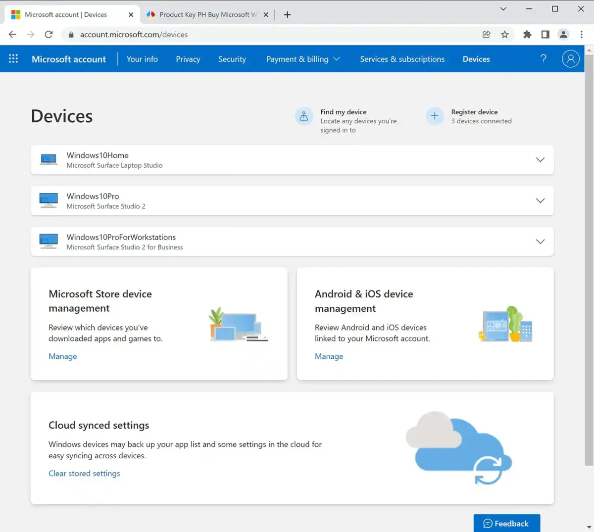Windows 10 license device management dashboard in a Microsoft account, showing control over all your registered PCs.