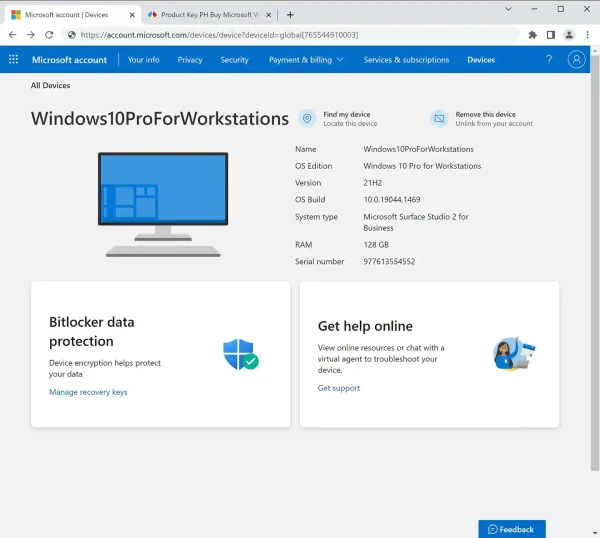 Windows 10 Pro for Workstations license shown in the Microsoft account device dashboard, verifying the genuine license.