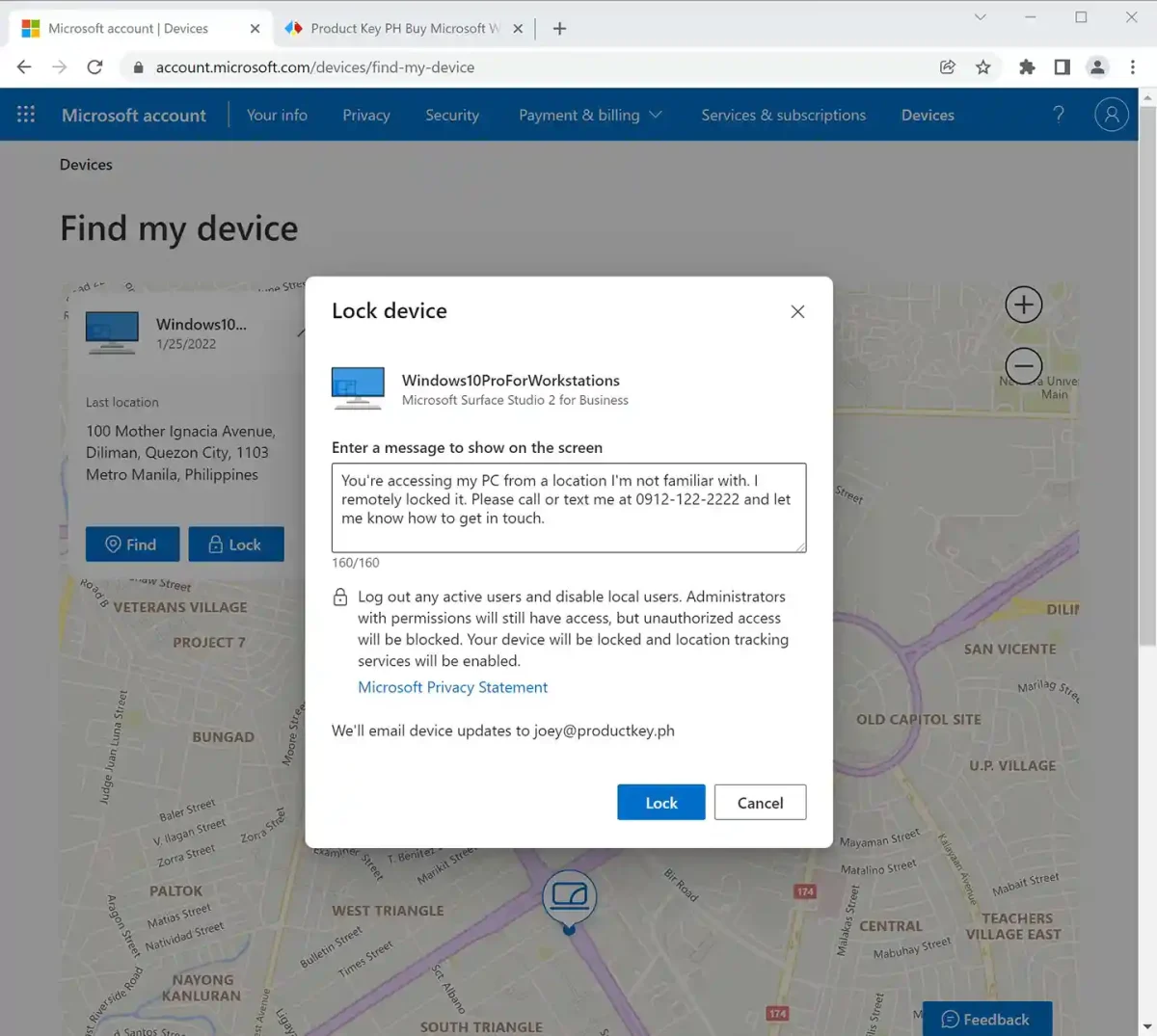 Windows 10 Pro for Workstations license "Find my device" security feature, showing the remote lock and locate function.