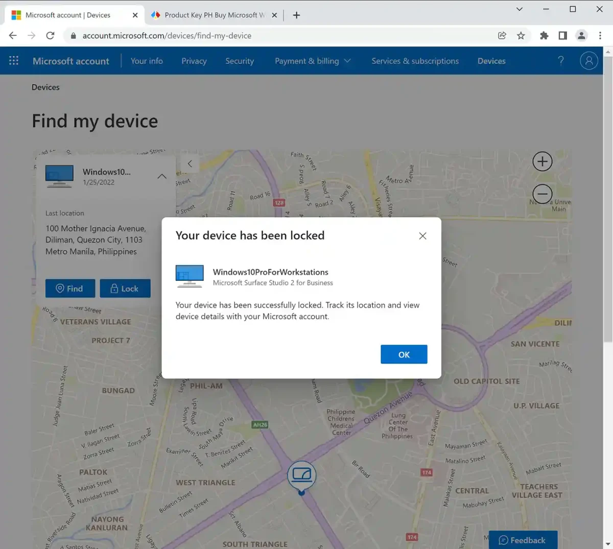 Windows 10 Pro for Workstations license remote lock confirmation screen, showing the "Your device has been locked" message.