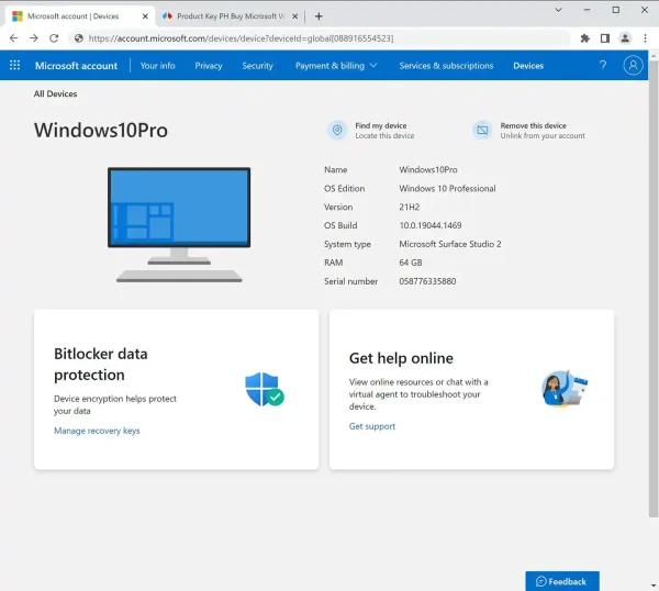 Windows 10 Pro license shown in the Microsoft account device dashboard, verifying the genuine license.