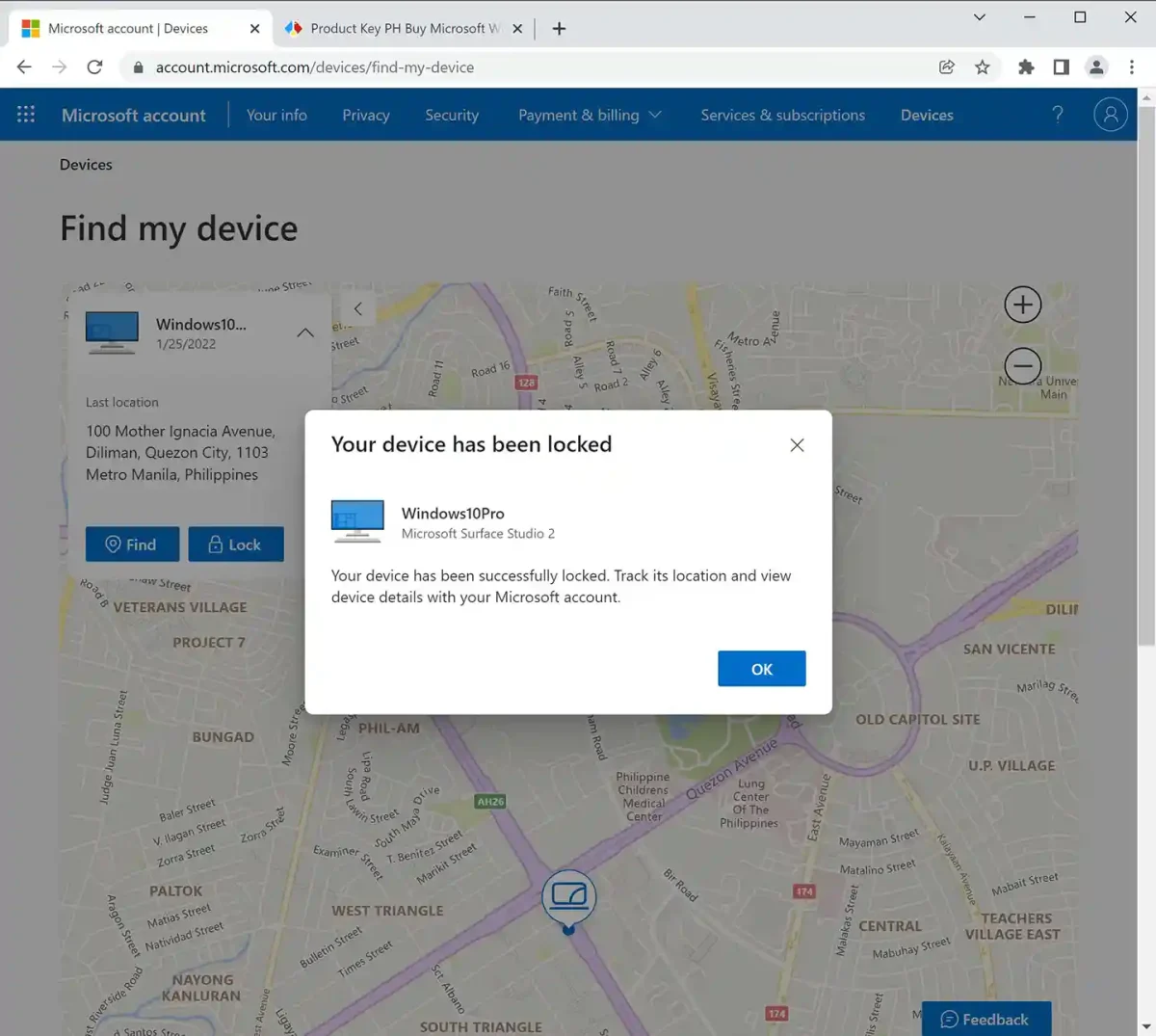 Windows 10 Pro license remote lock confirmation screen, showing the "Your device has been locked" message.