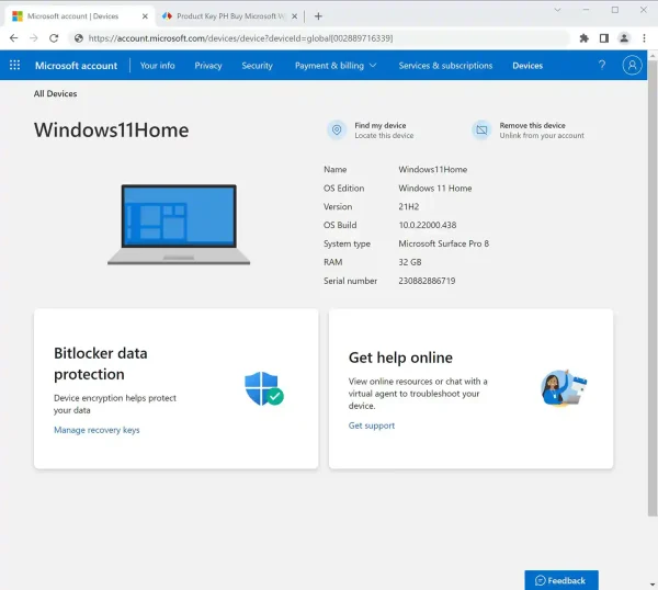 Windows 11 Home license shown in the Microsoft account device dashboard, verifying the genuine license.