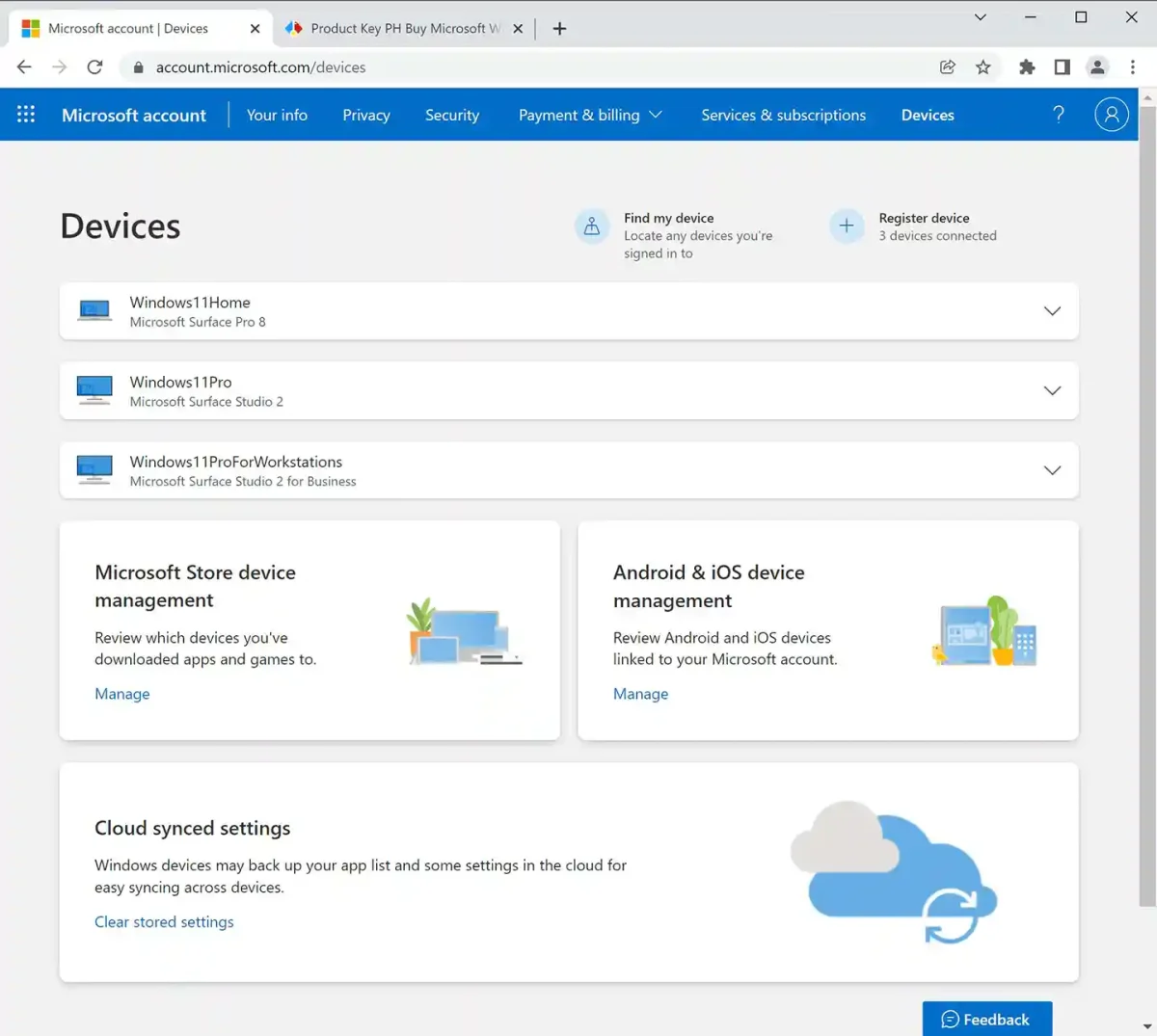 Windows 11 license device management dashboard in a Microsoft account, showing control over all your registered PCs.