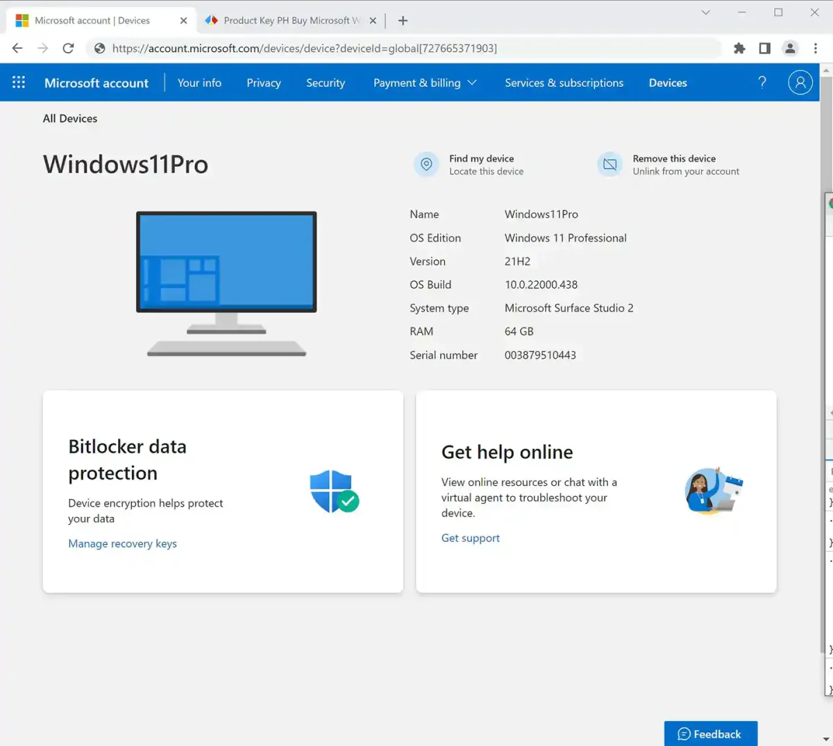 Windows 11 Pro license shown in the Microsoft account device dashboard, verifying the genuine license.