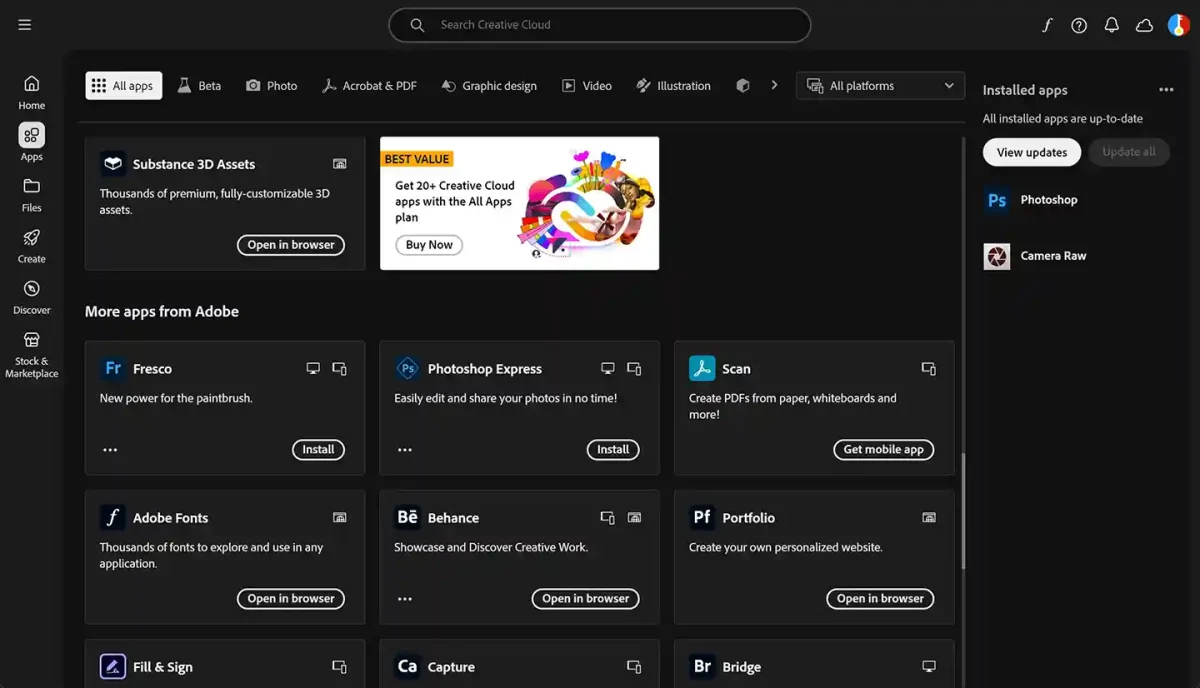 Adobe Creative Cloud 1-year subscription creative services including Adobe Fonts for typography, Behance, and Fresco.