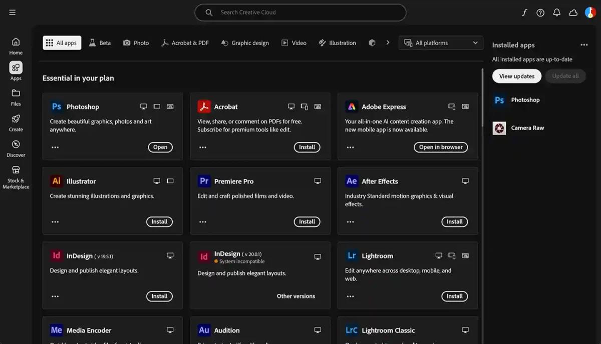 Adobe Creative Cloud 1-year subscription essential apps including Photoshop, Illustrator, Acrobat Pro, and Premiere Pro.