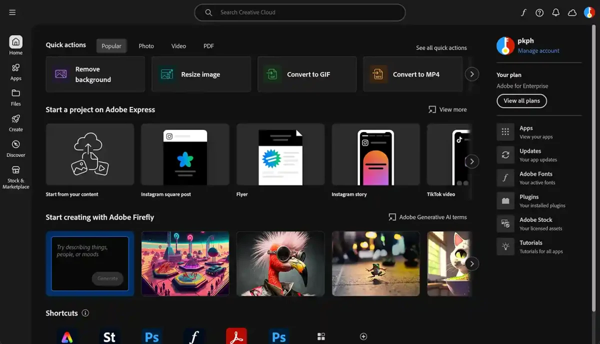 Adobe Creative Cloud 1-year subscription dashboard showing the app homescreen with project management & feature access.