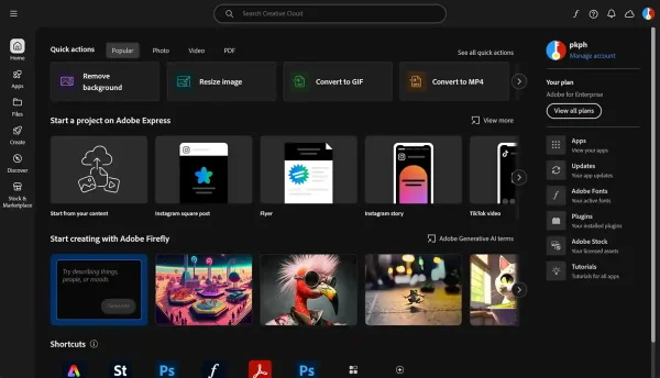 Adobe Creative Cloud 1-year subscription dashboard showing the app homescreen with project management & feature access.