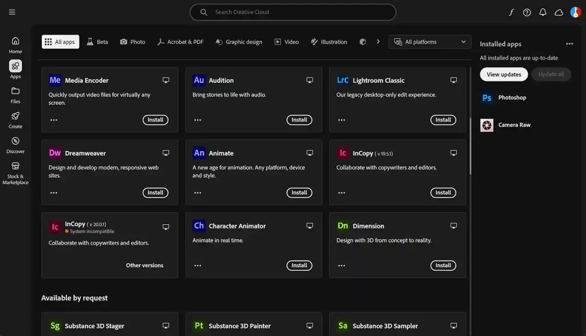 Adobe Creative Cloud 1-year subscription production apps with Lightroom for photos, Audition for audio, & Animate.