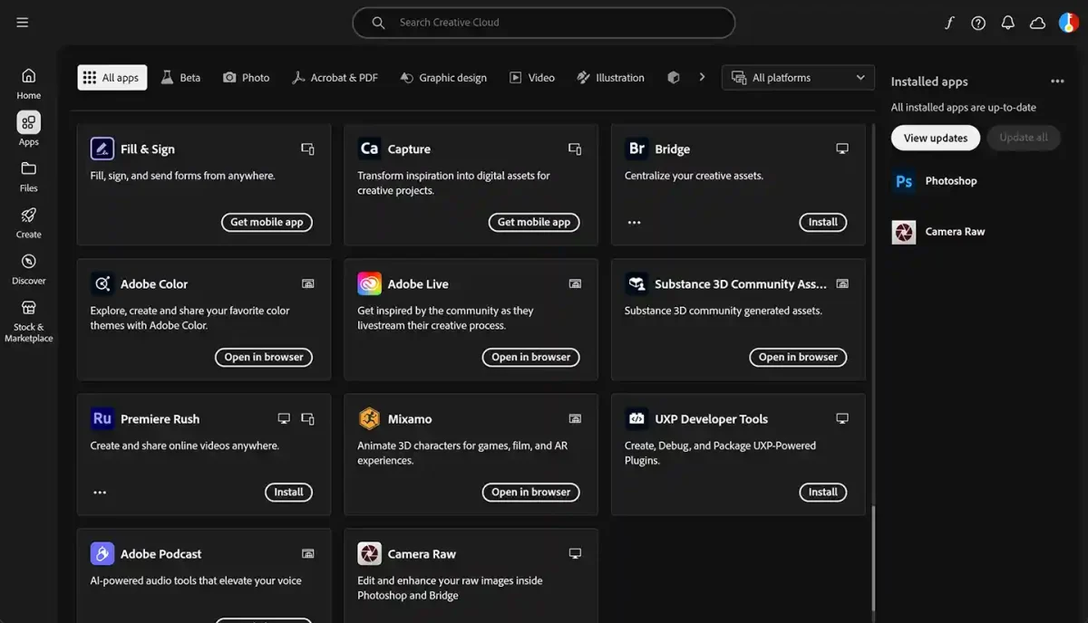 Adobe Creative Cloud 1-year subscription workflow & utility tools, with Bridge for asset management & Premiere Rush.