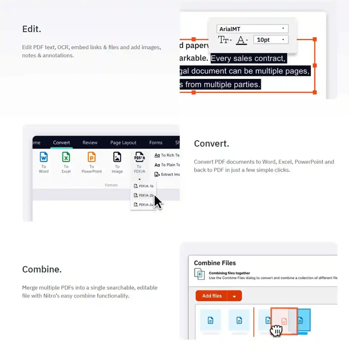 Nitro PDF Pro 14 license showing features to edit PDFs, convert PDFs to Word/Excel, and combine multiple PDF seamlessly.
