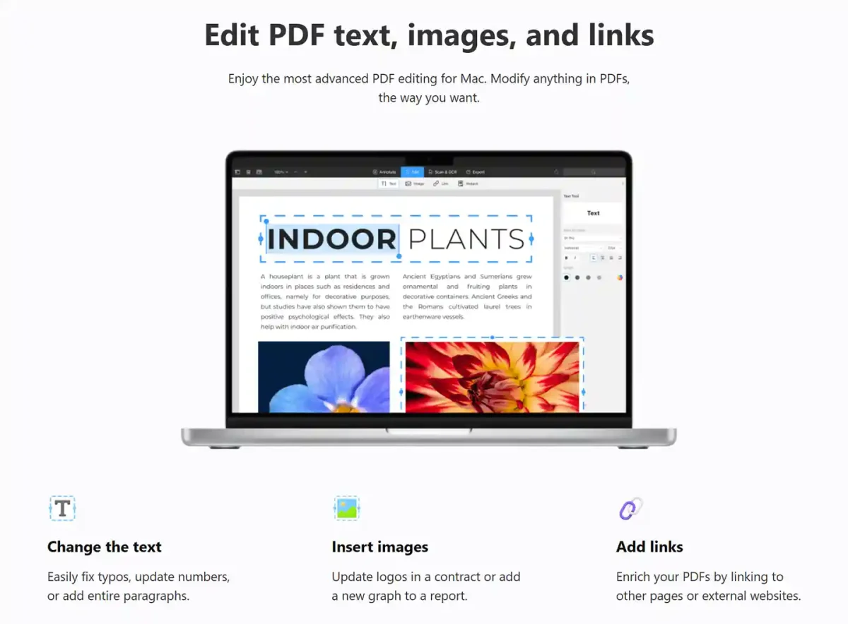 PDF Expert license showing tools to edit PDF text, insert images, and add links on a Mac in the Philippines.