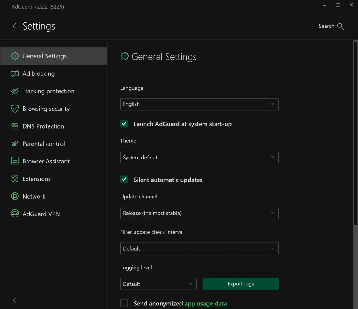 AdGuard Premium license general settings interface allowing theme and update customization for sale in the Philippines.