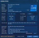 AIDA64 Extreme license CPUID panel displaying real-time clock speeds, voltage, and cache data for Intel processors.