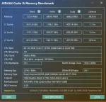 AIDA64 Extreme license cache and memory benchmark results showing read, write, copy, and latency for DDR5 RAM.