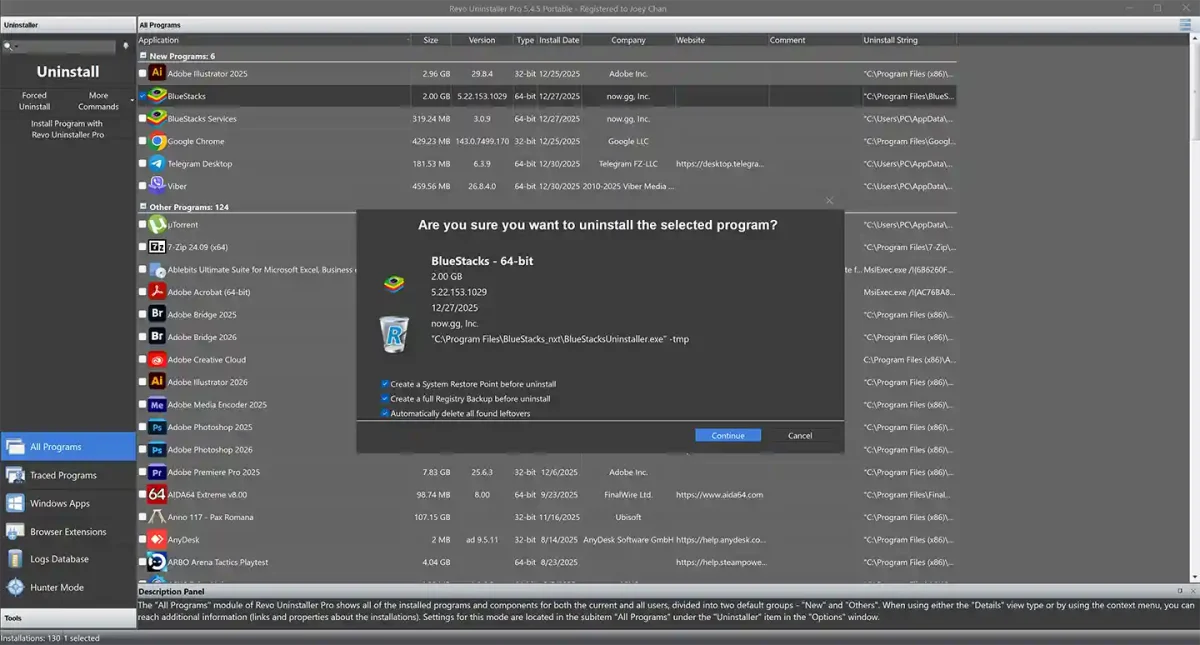 Revo Uninstaller Pro portable license showing options to create system restore points and delete leftovers automatically.