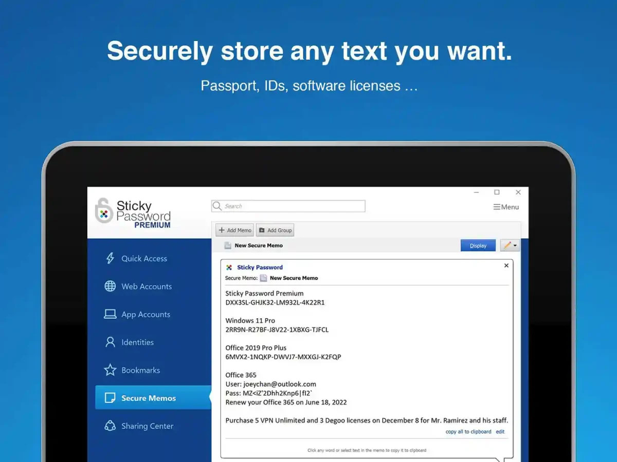 Sticky Password Premium License Secure Memos feature storing passports, IDs, and software licenses securely.