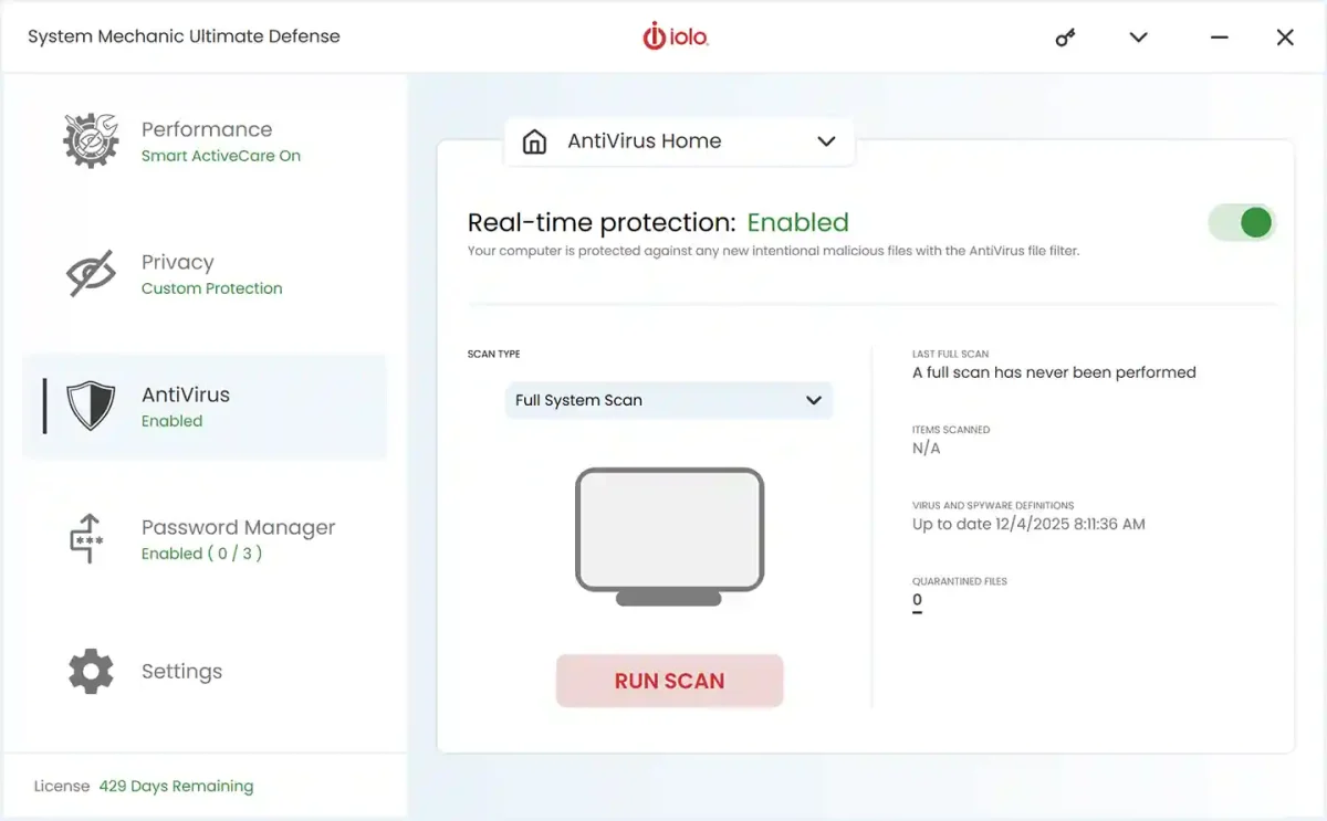 System Mechanic Ultimate Defense license showing realtime antivirus protection and system scan options in the Philippines.