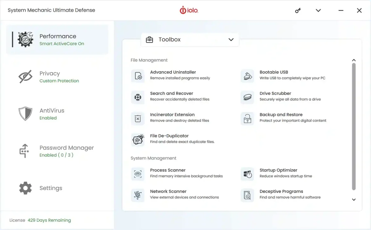 System Mechanic Ultimate Defense license showing Toolbox features like file recovery and uninstaller in the Philippines.