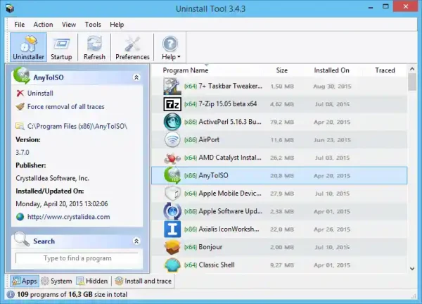 CrystalIdea Uninstall Tool license interface listing installed programs with publisher details and uninstall options.