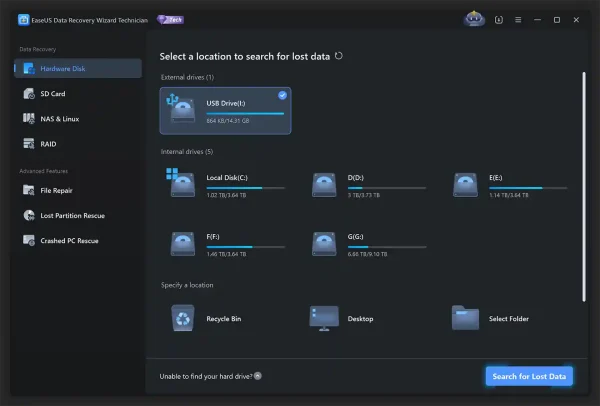 EaseUS Data Recovery Wizard Professional License drive selection screen to choose a disk, USB, or folder for file recovery.