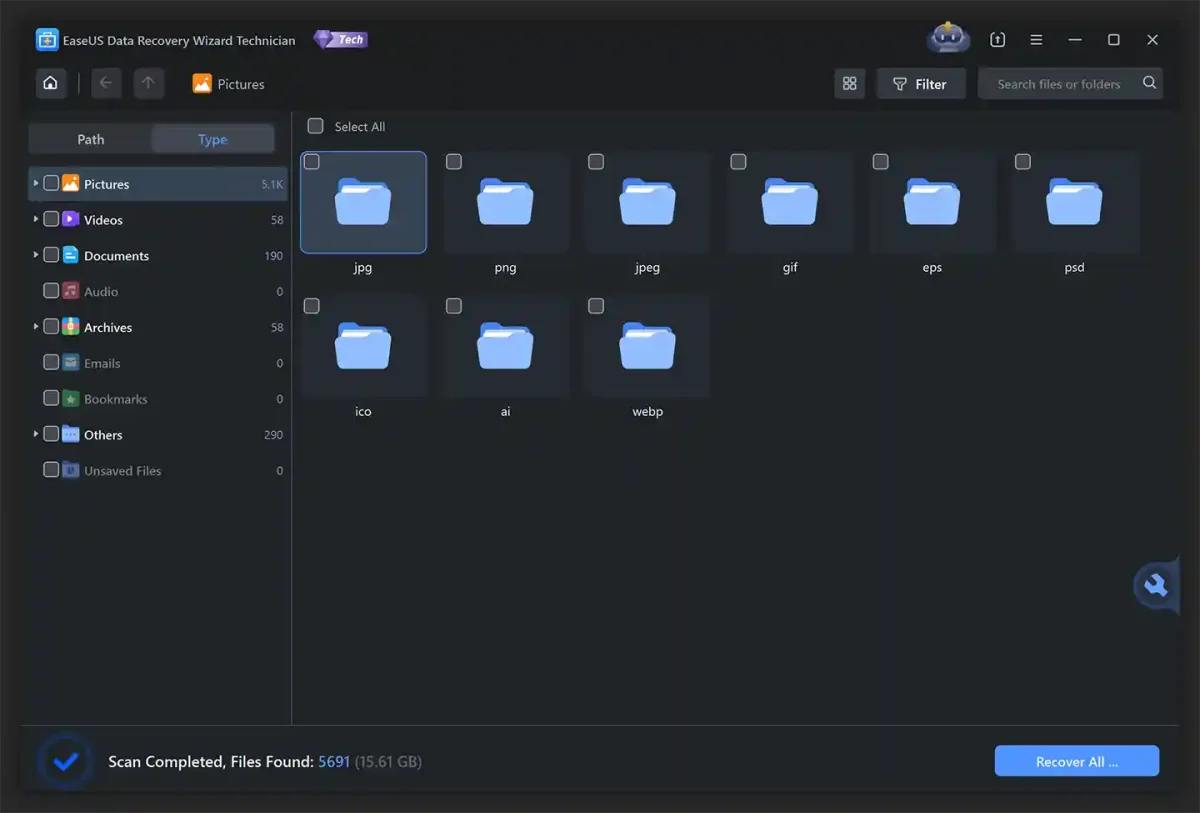 EaseUS Data Recovery Wizard Professional License interface showing completed scan with recoverable files categorized by type.