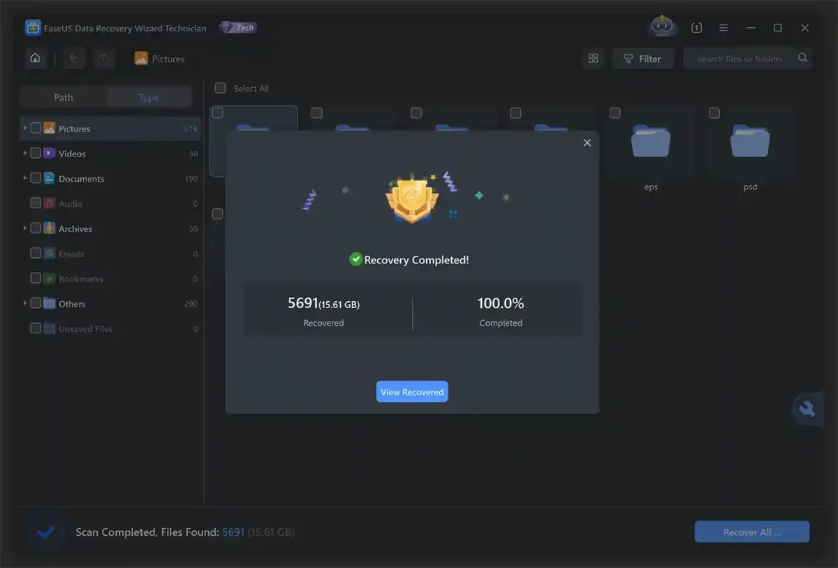 EaseUS Data Recovery Wizard Professional License interface showing Recovery Completed success popup with recovered file stats