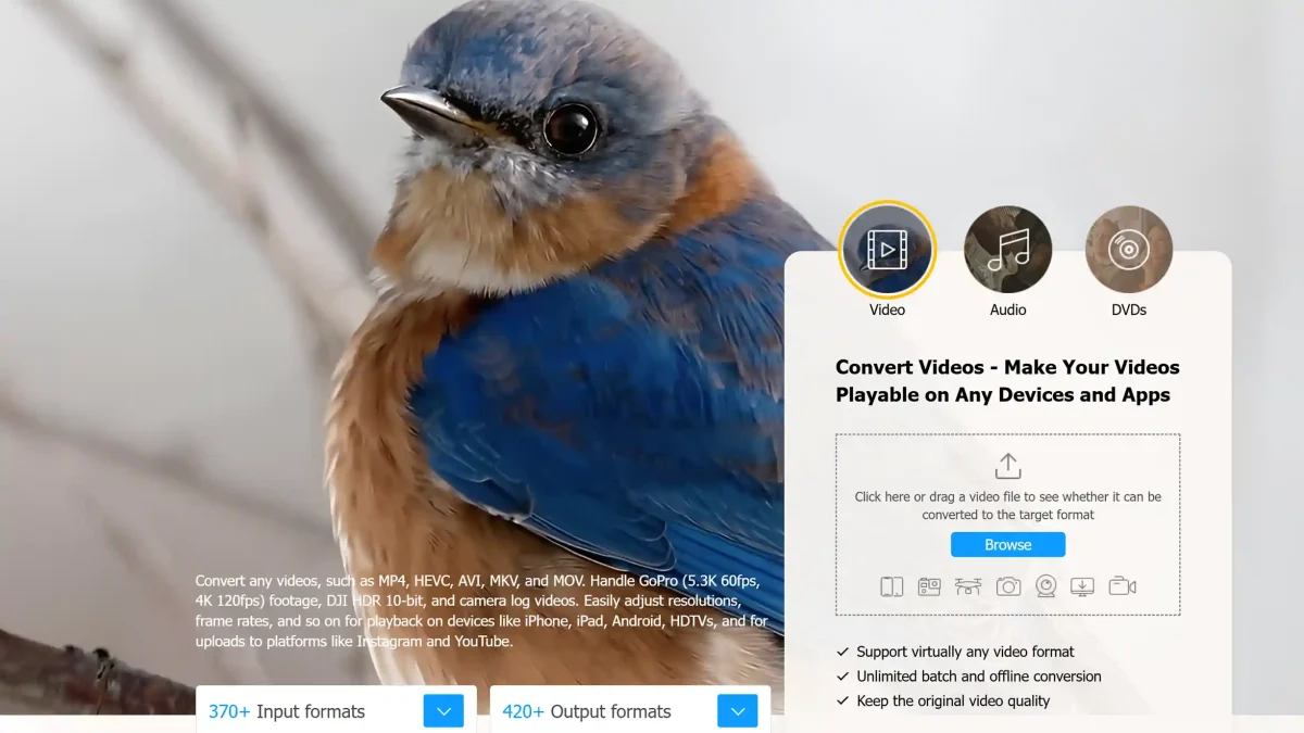 VideoProc Converter AI license tool to convert videos to 420+ formats for any device with unlimited batch processing.